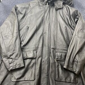 Phase Two Coat Mens 4XL Black Leather Parka Hooded Zip Removable Liner Insulated